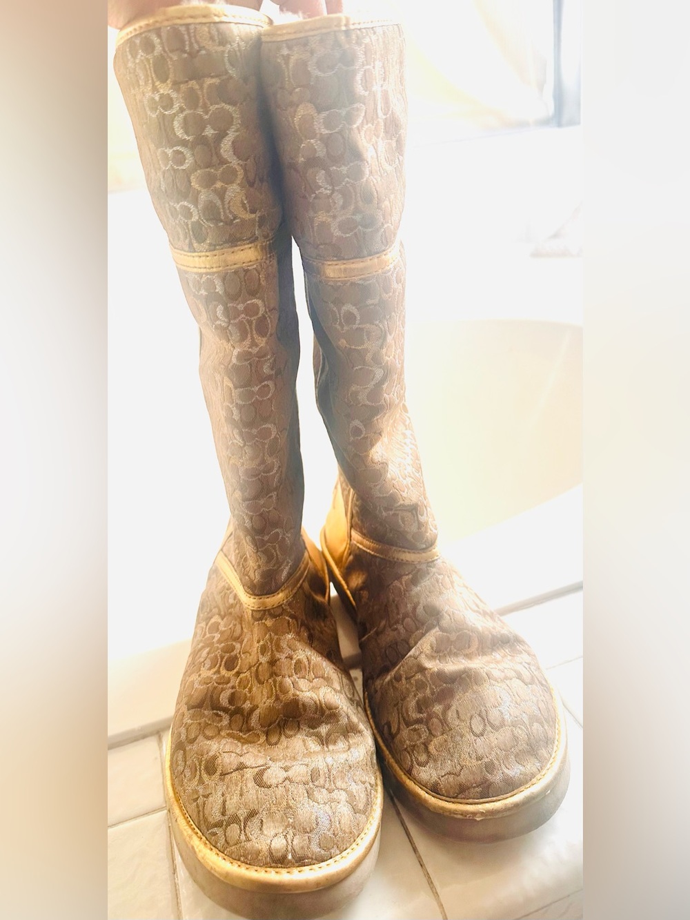 COACH Nikole Logo Signature Wool Gold Warm Comfy Boots SZ 8